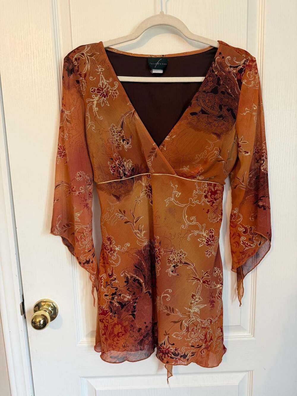Fenomenon Y2K Fairycore Orange Floral Sheer V-Neck Dress with Bell Sleeves